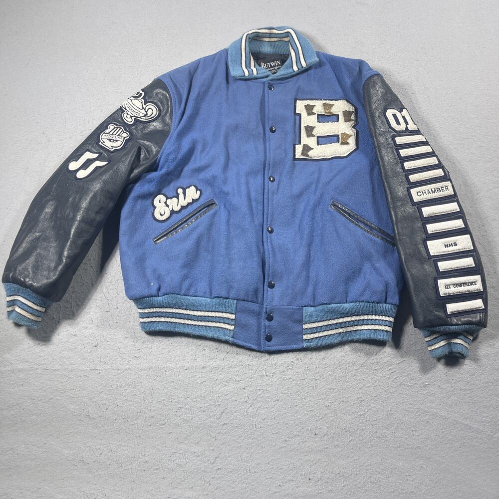 Vintage Blaine Bengals Varsity Jacket Mens Large Blue Leather Wool‎ Butwin 90s